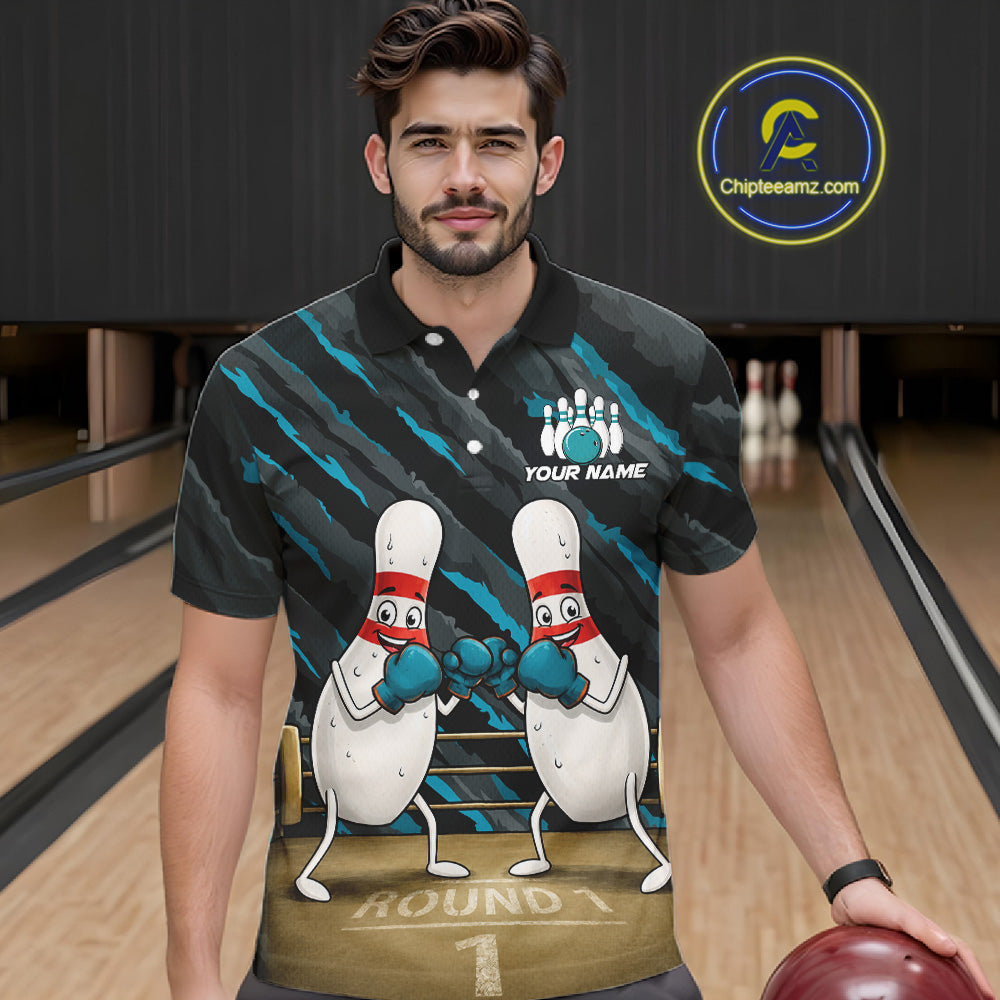 Male model wearing Space Alien bowling polo, personalized UFO bowling jersey, esports inspired lifestyle