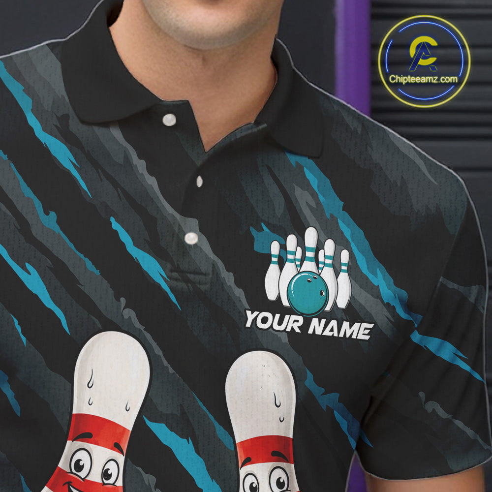Male model wearing Space Alien bowling polo, personalized UFO bowling jersey, esports inspired lifestyle
