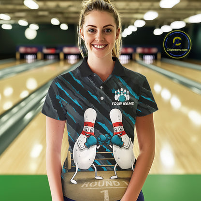 Female model wearing Funny Boxing Bowling Pins bowling polo, personalized bowling fashion, confidence, fun sportswear