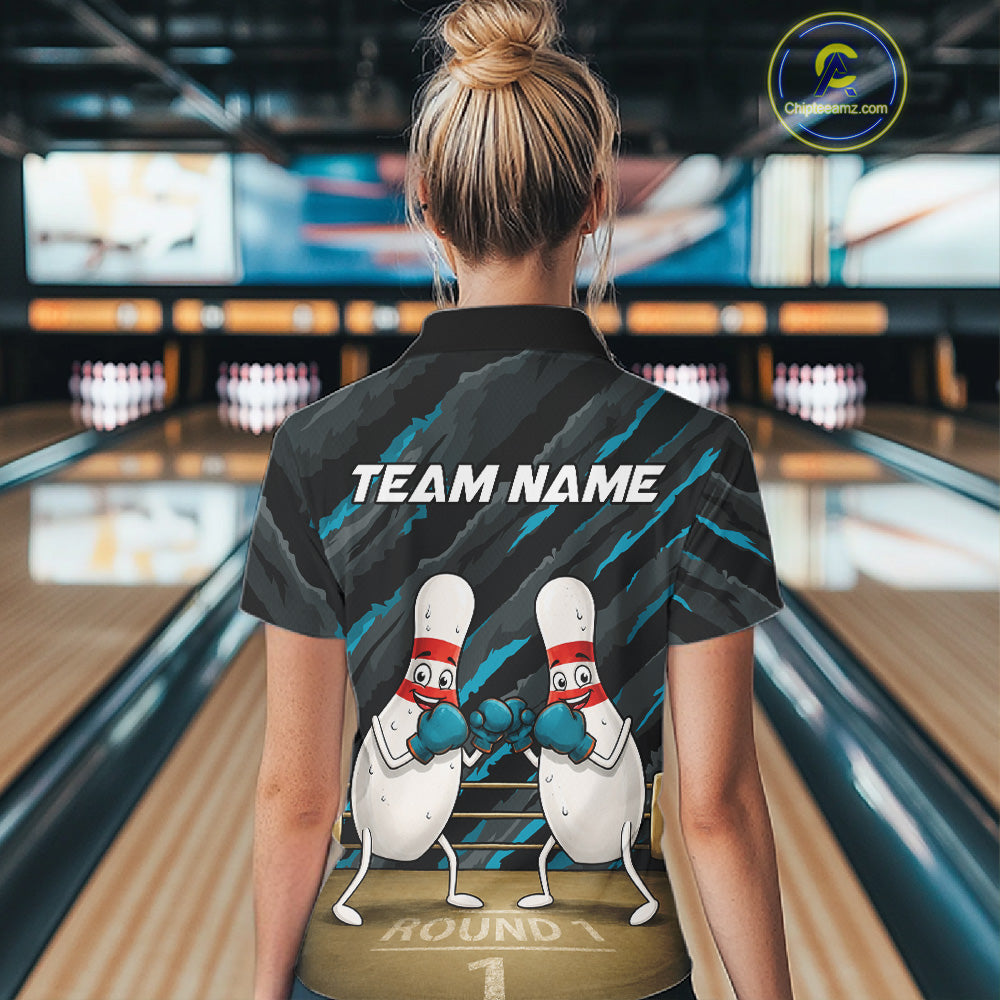 Female model wearing Funny Boxing Bowling Pins bowling polo, personalized bowling fashion, confidence, fun sportswear