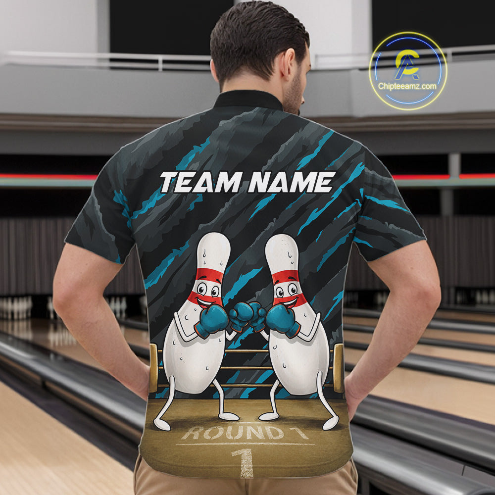 Male model wearing Space Alien bowling polo, personalized UFO bowling jersey, esports inspired lifestyle