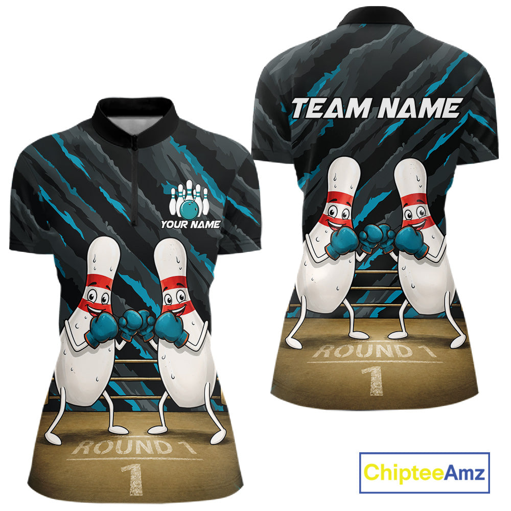 Funny Boxing Bowling Pins Women's Quarter-Zip Bowling Shirt, Personalized Tournament Jersey, Athletic Bowling Apparel