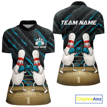 Funny Boxing Bowling Pins Women's Quarter-Zip Bowling Shirt, Personalized Tournament Jersey, Athletic Bowling Apparel