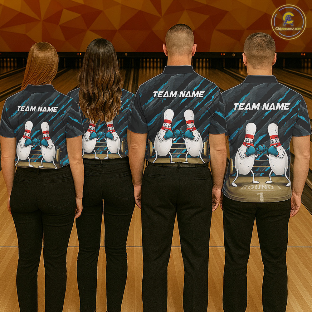 Bowling team wearing matching Funny Boxing Bowling Pins jerseys, personalized league uniforms, sportsmanship, humor, team competition
