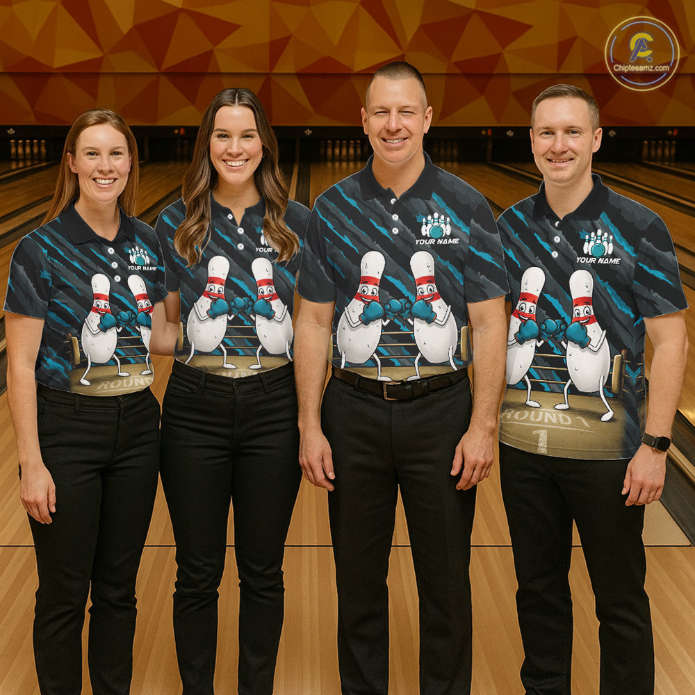 Bowling team wearing matching Funny Boxing Bowling Pins jerseys, personalized league uniforms, sportsmanship, humor, team competition