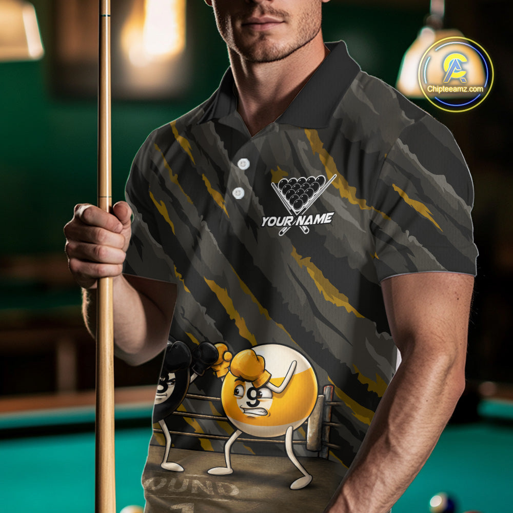 Male model wearing Funny Boxing 8 Ball billiard polo shirt during league competition, personalized pool team jersey, boxing inspired athletic apparel, determination, humor