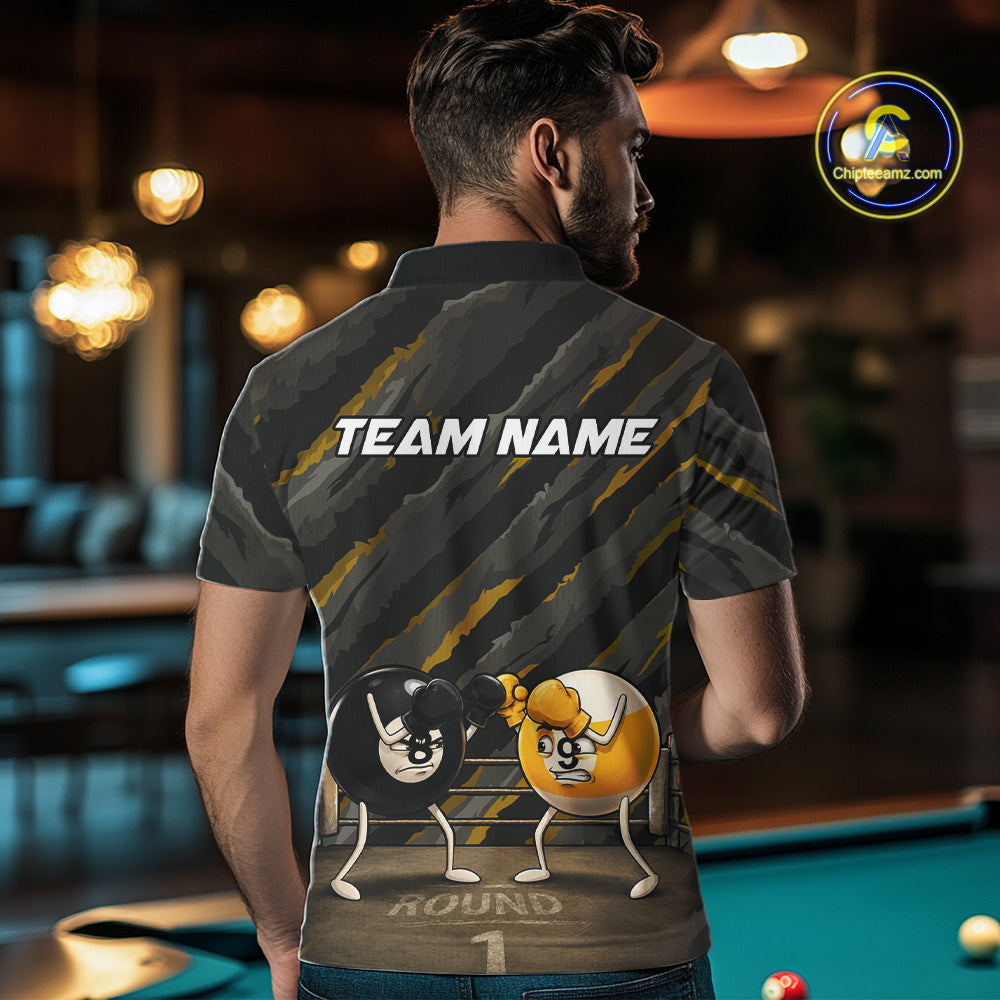 Male model wearing Funny Boxing 8 Ball billiard polo shirt during league competition, personalized pool team jersey, boxing inspired athletic apparel, determination, humor