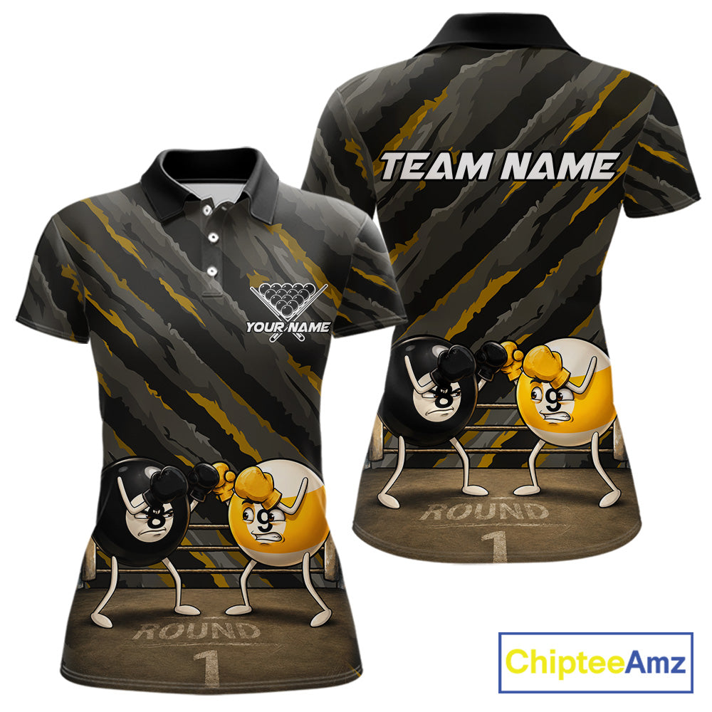 Custom Boxing 8 Ball & 9 Ball Women's Billiard Polo Shirt, Funny Boxing Pool Team Jersey, Yellow Performance Apparel, Personalized Cue Sports Tournament Shirt, Strength, Humor & Victory