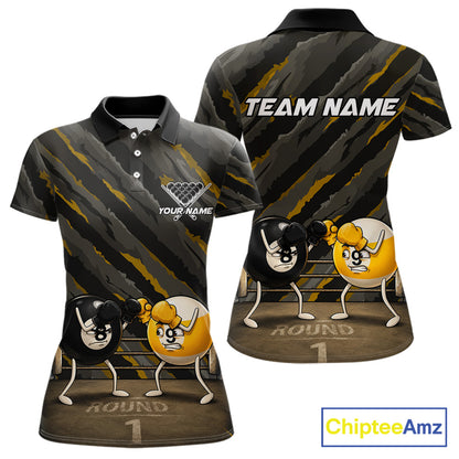 Custom Boxing 8 Ball & 9 Ball Women's Billiard Polo Shirt, Funny Boxing Pool Team Jersey, Yellow Performance Apparel, Personalized Cue Sports Tournament Shirt, Strength, Humor & Victory