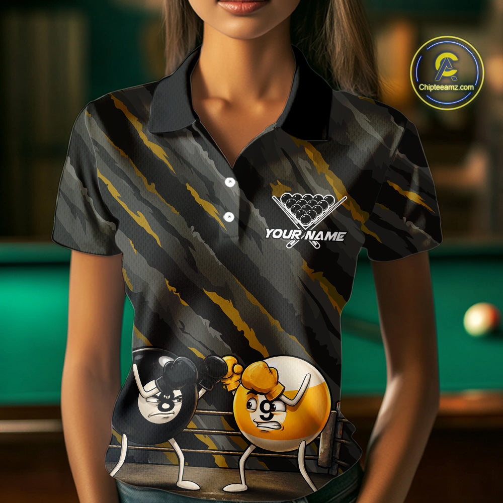Female model wearing Funny Boxing 8 Ball billiard polo shirt during pool tournament, personalized sports apparel, athletic confidence, boxing theme, cue sports lifestyle