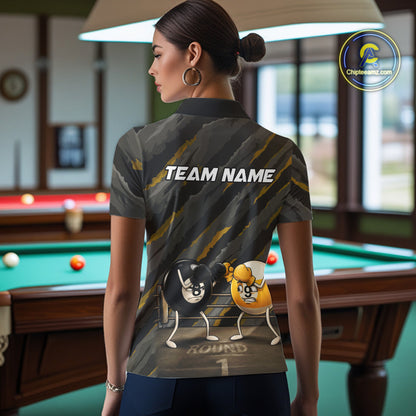 Female model wearing Funny Boxing 8 Ball billiard polo shirt during pool tournament, personalized sports apparel, athletic confidence, boxing theme, cue sports lifestyle
