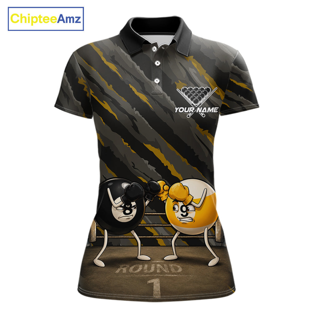Custom Boxing 8 Ball & 9 Ball Women's Billiard Polo Shirt, Funny Boxing Pool Team Jersey, Yellow Performance Apparel, Personalized Cue Sports Tournament Shirt, Strength, Humor & Victory
