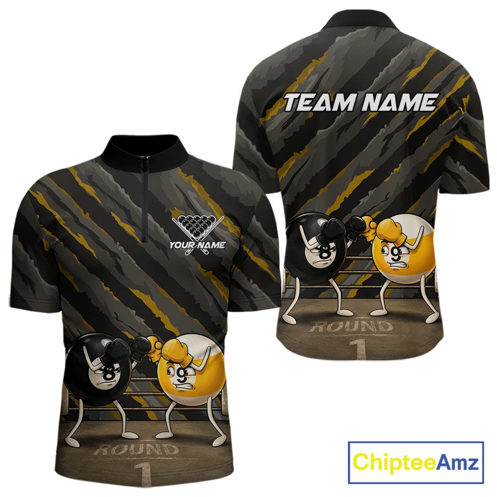 Boxing 8 Ball & 9 Ball Men's Quarter-Zip Billiard Shirt, Personalized Funny Billiard Team Jersey, Performance Cue Sports Apparel, Competitive Tournament Uniform