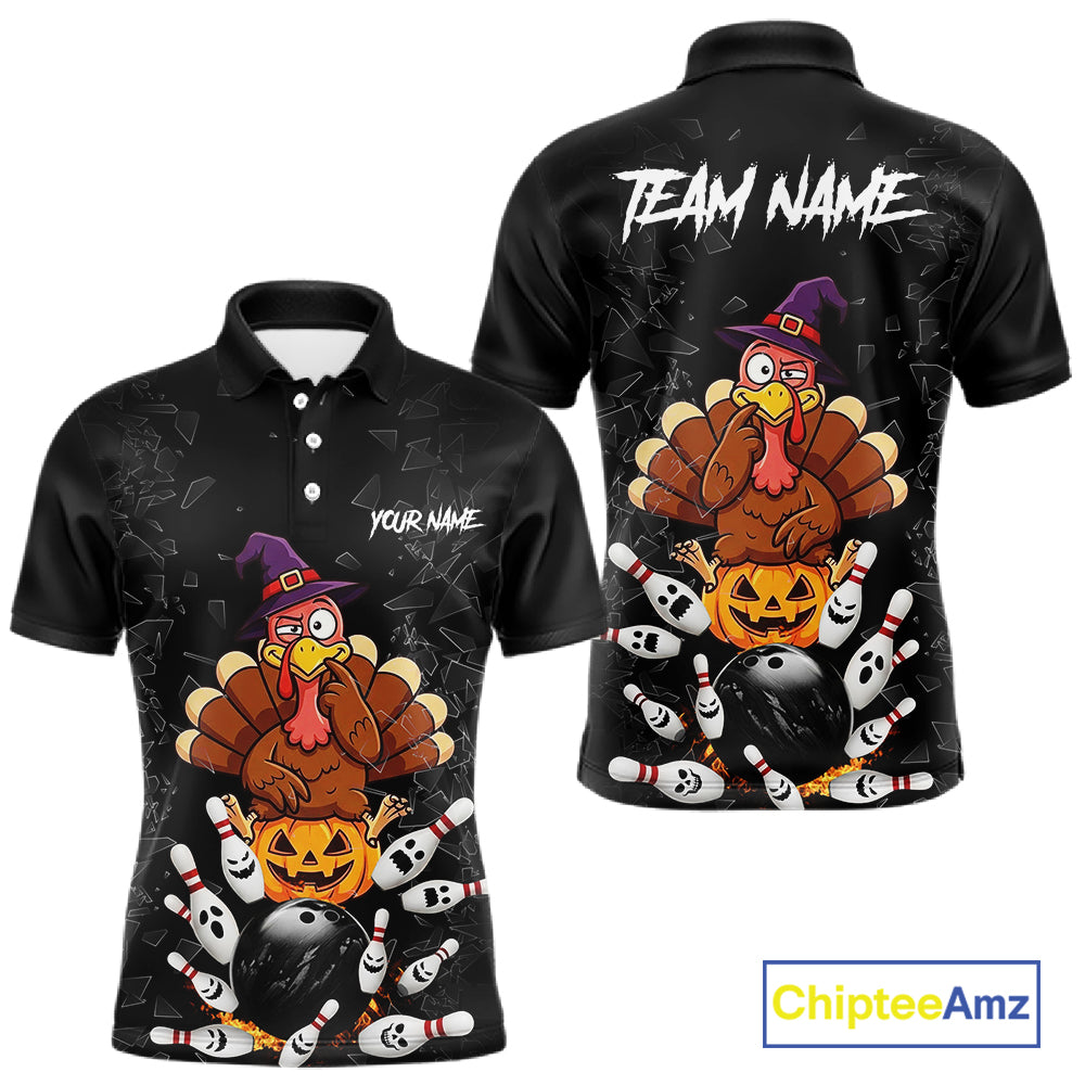 Custom Turkey Pumpkin Broken Glass Bowling Shirts For Men, Turkey Bowling Team Shirt Halloween Outfits NYN4213