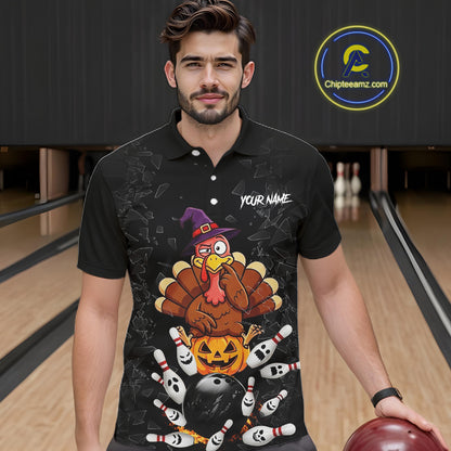 Custom Turkey Pumpkin Broken Glass Bowling Shirts For Men, Turkey Bowling Team Shirt Halloween Outfits NYN4213