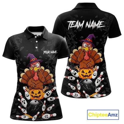 Custom Turkey Pumpkin Broken Glass Bowling Shirts For Women, Turkey Bowling Team Shirt Halloween Outfits NYN4213