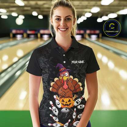 Custom Turkey Pumpkin Broken Glass Bowling Shirts For Women, Turkey Bowling Team Shirt Halloween Outfits NYN4213