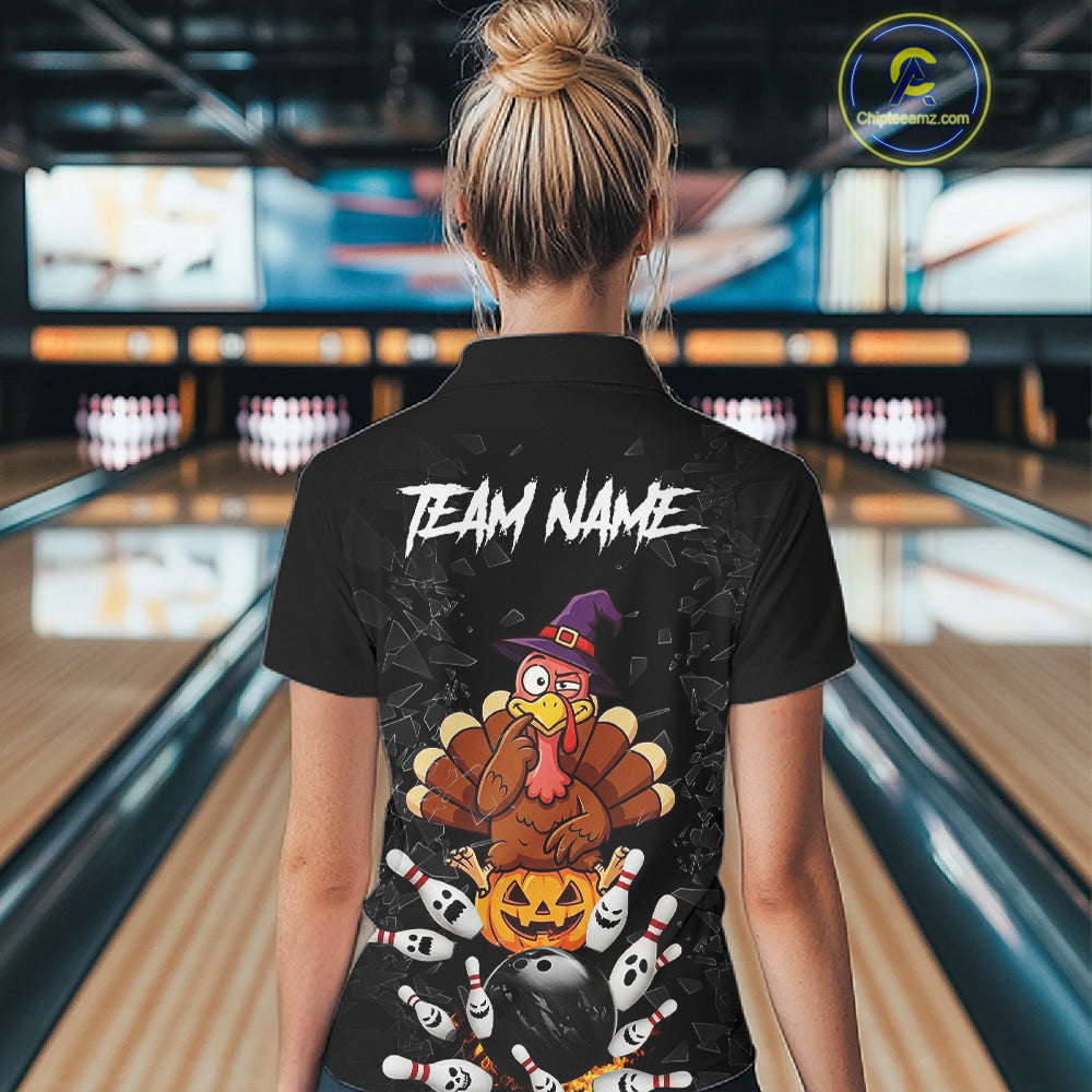 Custom Turkey Pumpkin Broken Glass Bowling Shirts For Women, Turkey Bowling Team Shirt Halloween Outfits NYN4213