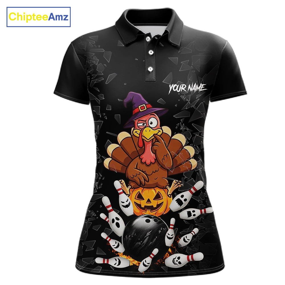 Custom Turkey Pumpkin Broken Glass Bowling Shirts For Women, Turkey Bowling Team Shirt Halloween Outfits NYN4213