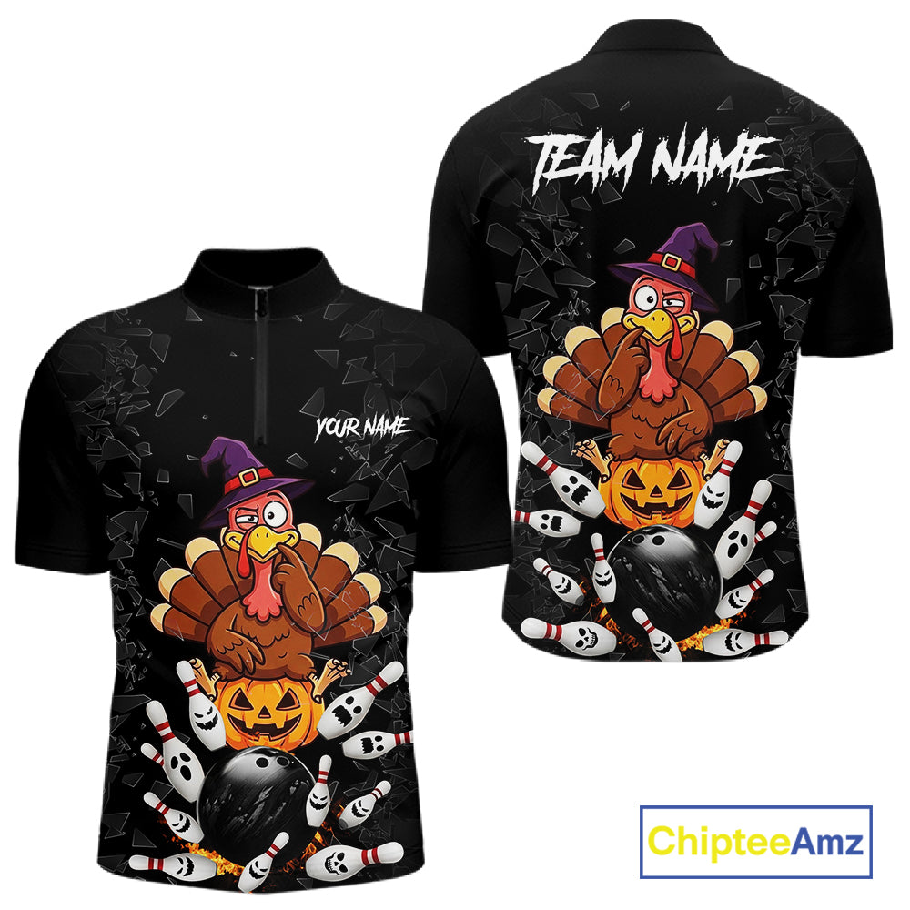 Custom Turkey Pumpkin Broken Glass Bowling Shirts For Men, Turkey Bowling Team Shirt Halloween Outfits NYN4213