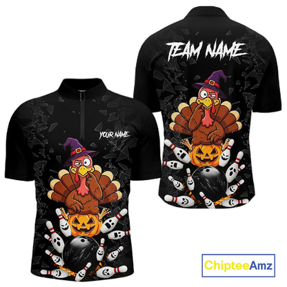 Custom Turkey Pumpkin Broken Glass Bowling Shirts For Men, Turkey Bowling Team Shirt Halloween Outfits NYN4213