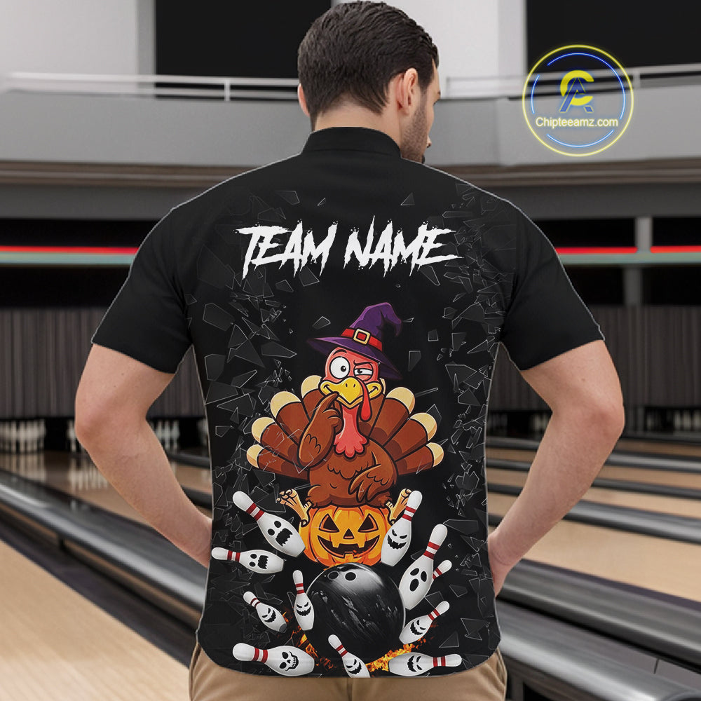 Custom Turkey Pumpkin Broken Glass Bowling Shirts For Men, Turkey Bowling Team Shirt Halloween Outfits NYN4213