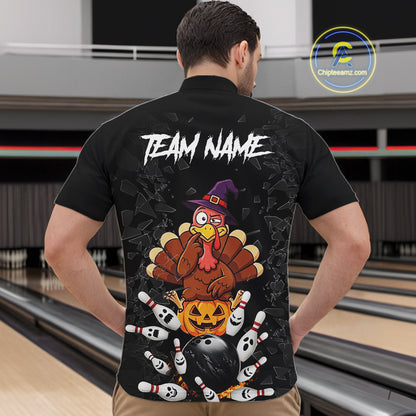 Custom Turkey Pumpkin Broken Glass Bowling Shirts For Men, Turkey Bowling Team Shirt Halloween Outfits NYN4213