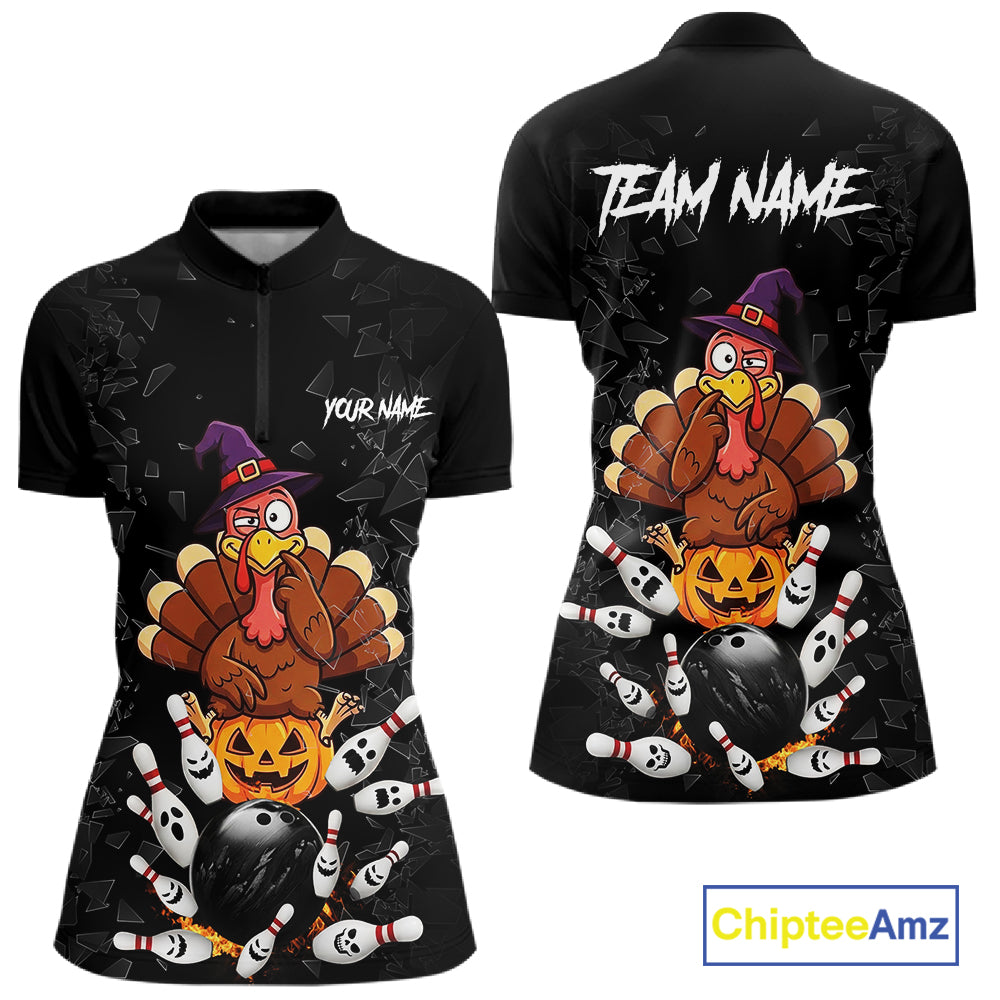 Custom Turkey Pumpkin Broken Glass Bowling Shirts For Women, Turkey Bowling Team Shirt Halloween Outfits NYN4213