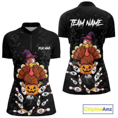 Custom Turkey Pumpkin Broken Glass Bowling Shirts For Women, Turkey Bowling Team Shirt Halloween Outfits NYN4213