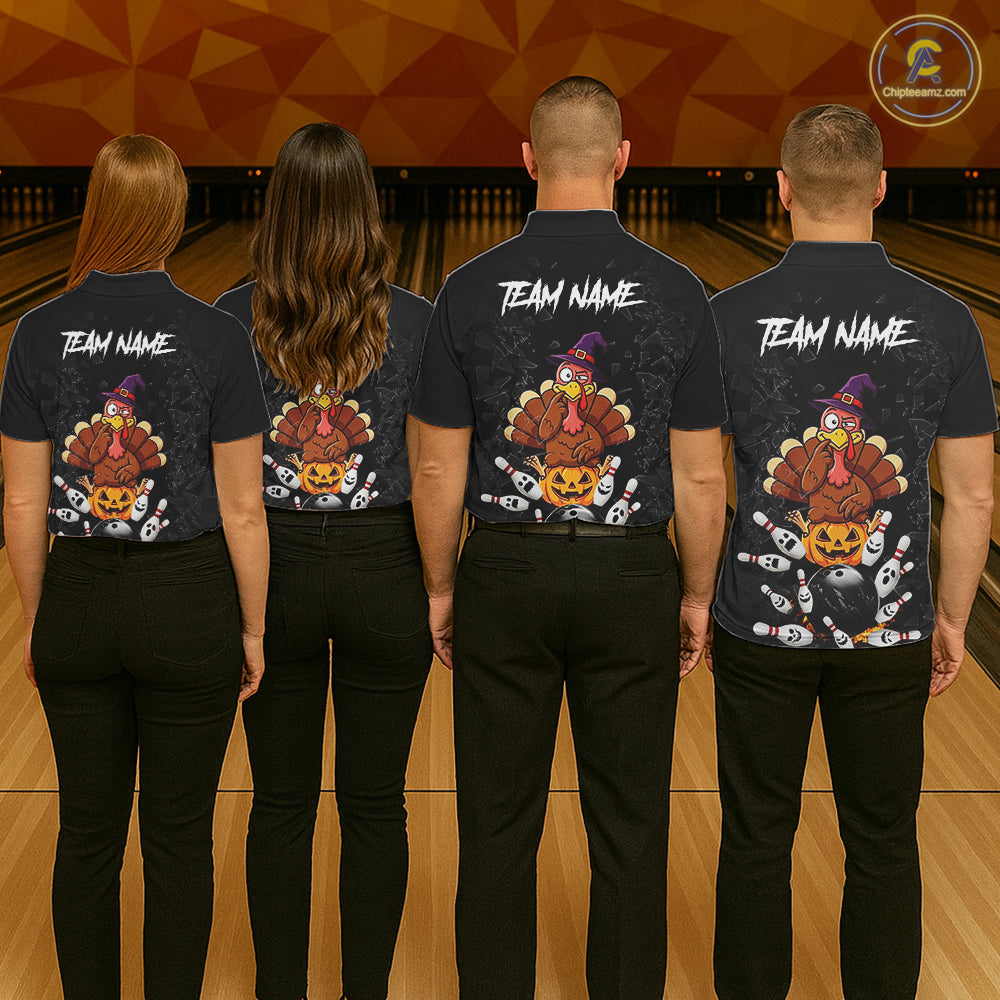 Custom Turkey Pumpkin Broken Glass Bowling Shirts For Women, Turkey Bowling Team Shirt Halloween Outfits NYN4213