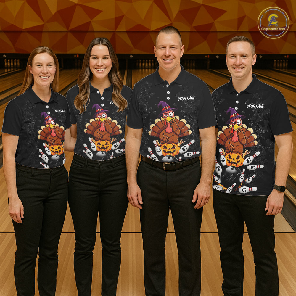 Custom Turkey Pumpkin Broken Glass Bowling Shirts For Women, Turkey Bowling Team Shirt Halloween Outfits NYN4213
