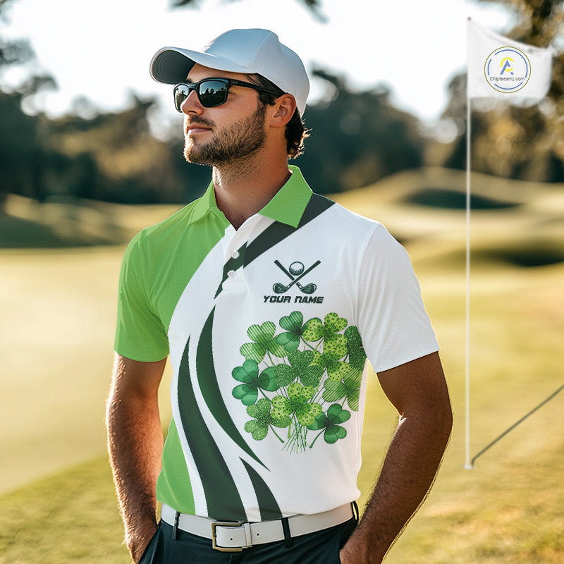 Custom White And Green Shamrock St Patrick Golf Polo Shirt For Men Shamrock Golf Shirt NYN4222