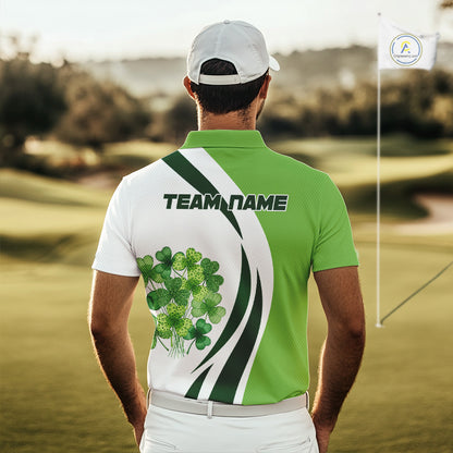 Custom White And Green Shamrock St Patrick Golf Polo Shirt For Men Shamrock Golf Shirt NYN4222