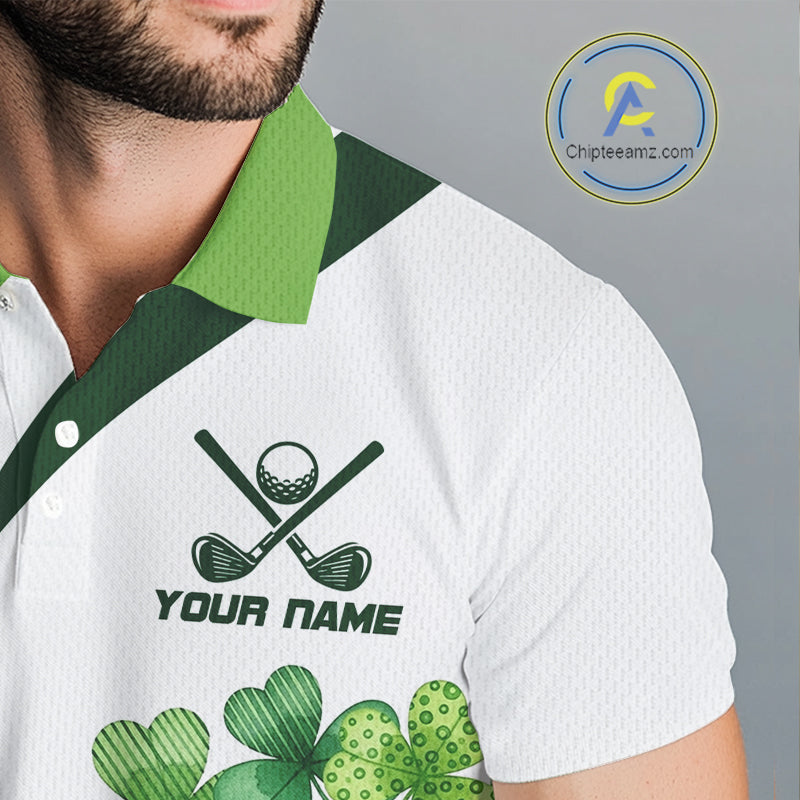 Custom White And Green Shamrock St Patrick Golf Polo Shirt For Men Shamrock Golf Shirt NYN4222