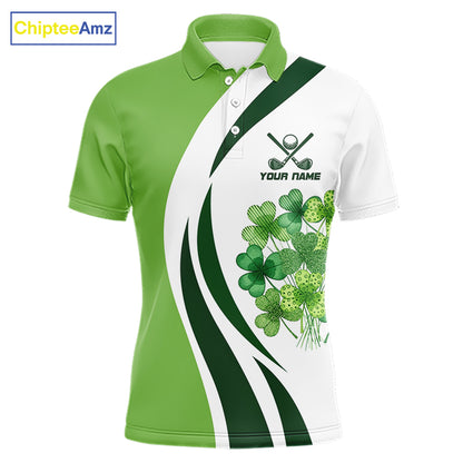 Custom White And Green Shamrock St Patrick Golf Polo Shirt For Men Shamrock Golf Shirt NYN4222