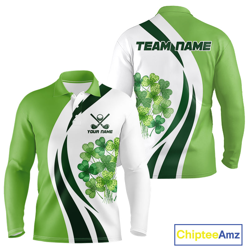 Custom White And Green Shamrock St Patrick Golf Polo Shirt For Men Shamrock Golf Shirt NYN4222
