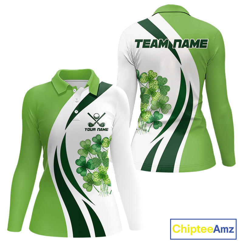 Custom White And Green Shamrock St Patrick Golf Polo Shirt For Women Shamrock Golf Shirt NYN4222