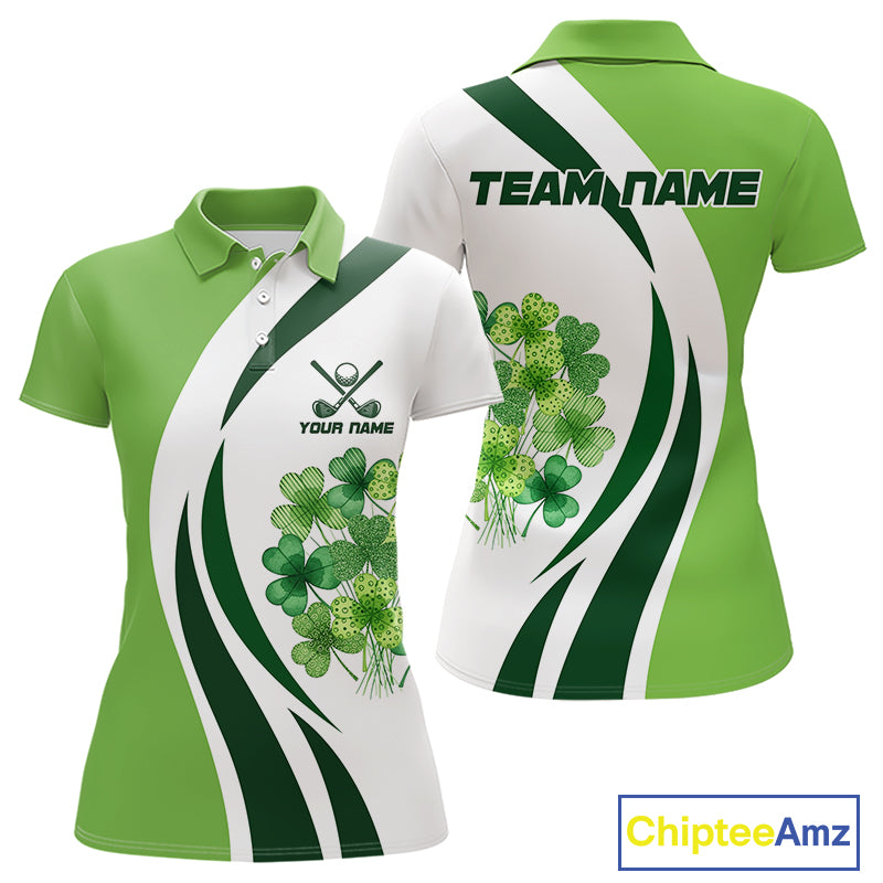Custom White And Green Shamrock St Patrick Golf Polo Shirt For Women Shamrock Golf Shirt NYN4222