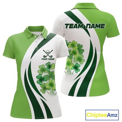 Custom White And Green Shamrock St Patrick Golf Polo Shirt For Women Shamrock Golf Shirt NYN4222