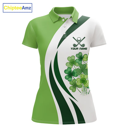 Custom White And Green Shamrock St Patrick Golf Polo Shirt For Women Shamrock Golf Shirt NYN4222