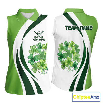 Custom White And Green Shamrock St Patrick Golf Sleeveless Polo Shirt For Women Shamrock Golf Shirt NYN4222