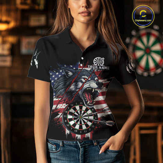 Fire American Flag Darts Polo Shirt For Women Custom Name & Team Patriotic Dart League Shirt NYN2053