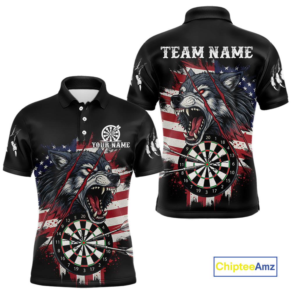 Wolf US Flag Grunge Darts Polo Shirt For Men Custom Name & Team Patriotic Dart League Shirt NYN2052