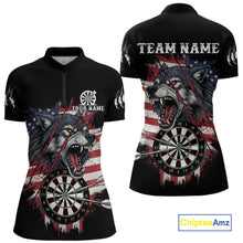 Load image into Gallery viewer, Wolf US Flag Grunge Darts Quarter-Zip Shirt For Women Custom Name &amp; Team Patriotic Dart League Shirt NYN2052