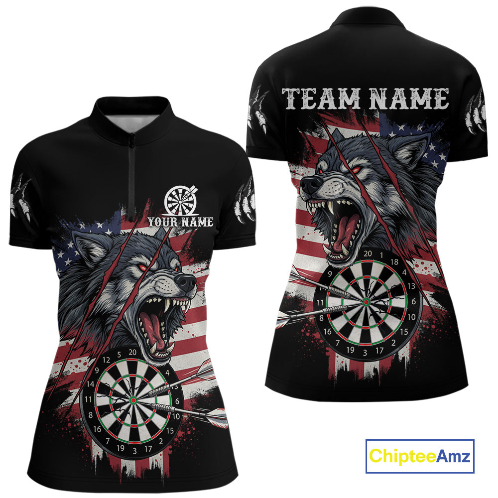Wolf US Flag Grunge Darts Quarter-Zip Shirt For Women Custom Name & Team Patriotic Dart League Shirt NYN2052