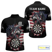 Load image into Gallery viewer, Wolf US Flag Grunge Darts Quarter-Zip Shirt For Men Custom Name &amp; Team Patriotic Dart League Shirt NYN2052