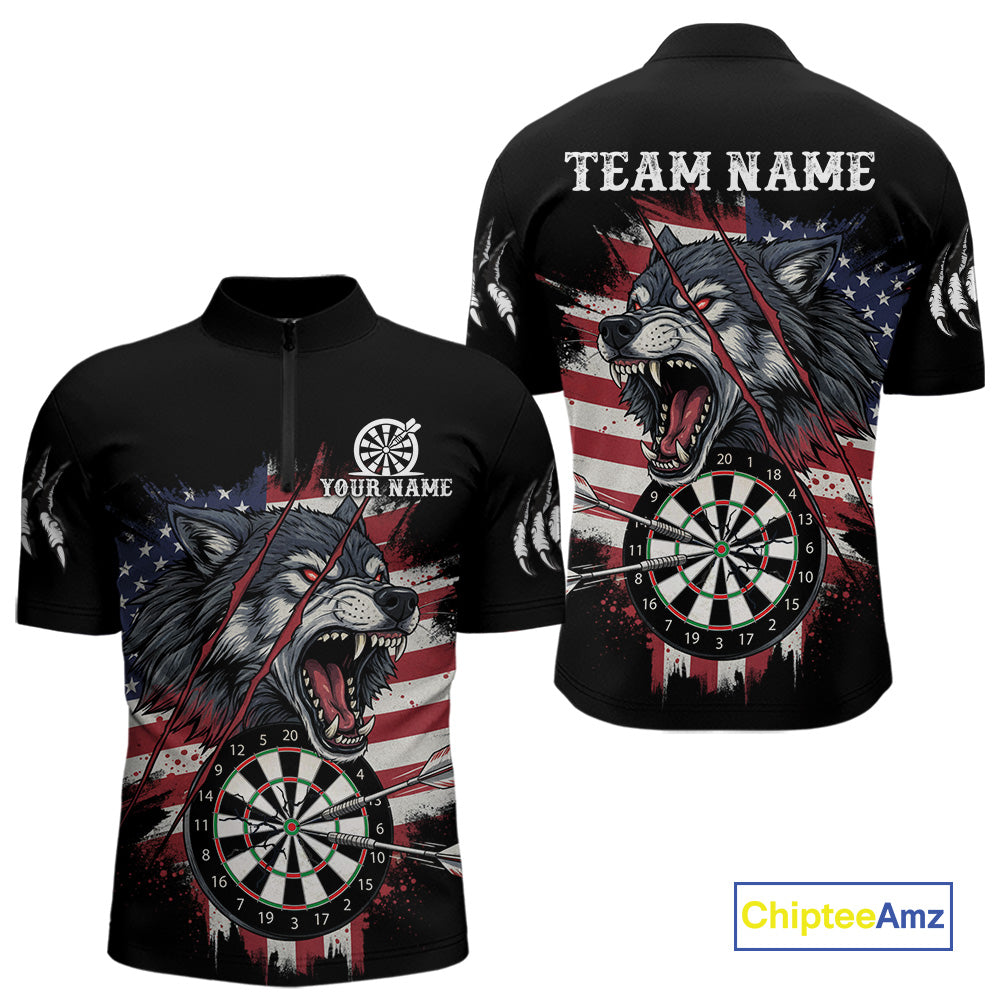 Wolf US Flag Grunge Darts Quarter-Zip Shirt For Men Custom Name & Team Patriotic Dart League Shirt NYN2052