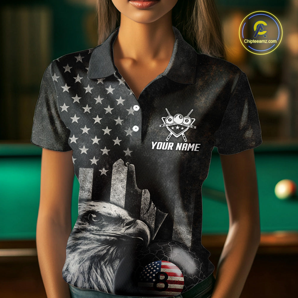 Retro Grunge US Flag Eagle Pool 8 Ball Women's Billiard Shirt Custom Patriotic Billiard Team Attire NYN2564