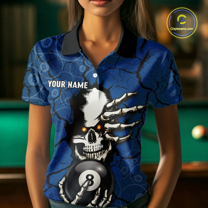 Cracked Blue Skeleton 8 Ball & 9 Ball Billiard Shirt For Women Custom Pool Billiard Polo & 1/4 Zip Jersey NYN3144