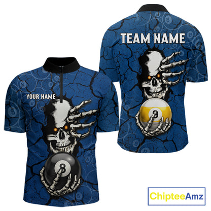 Cracked Blue Skeleton 8 Ball & 9 Ball Billiard Shirt For Men Custom Pool Billiard Polo & 1/4 Zip Jersey NYN3144